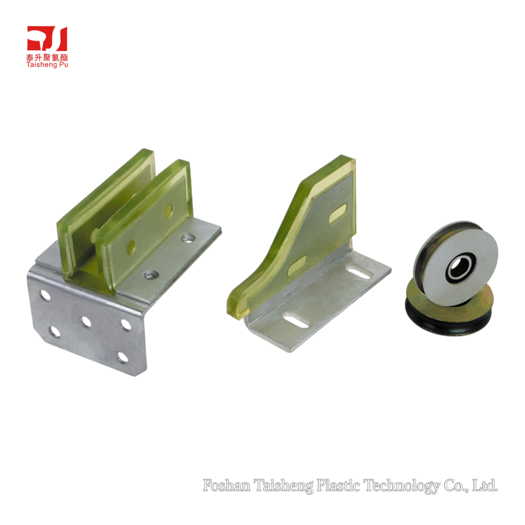 Precision molded yellow polyurethane liner for elevator guide rails.