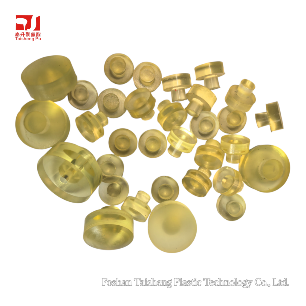 Custom-molded polyurethane air leak test plugs in bright yellow, designed for high-pressure industrial sealing and pneumatic testing.