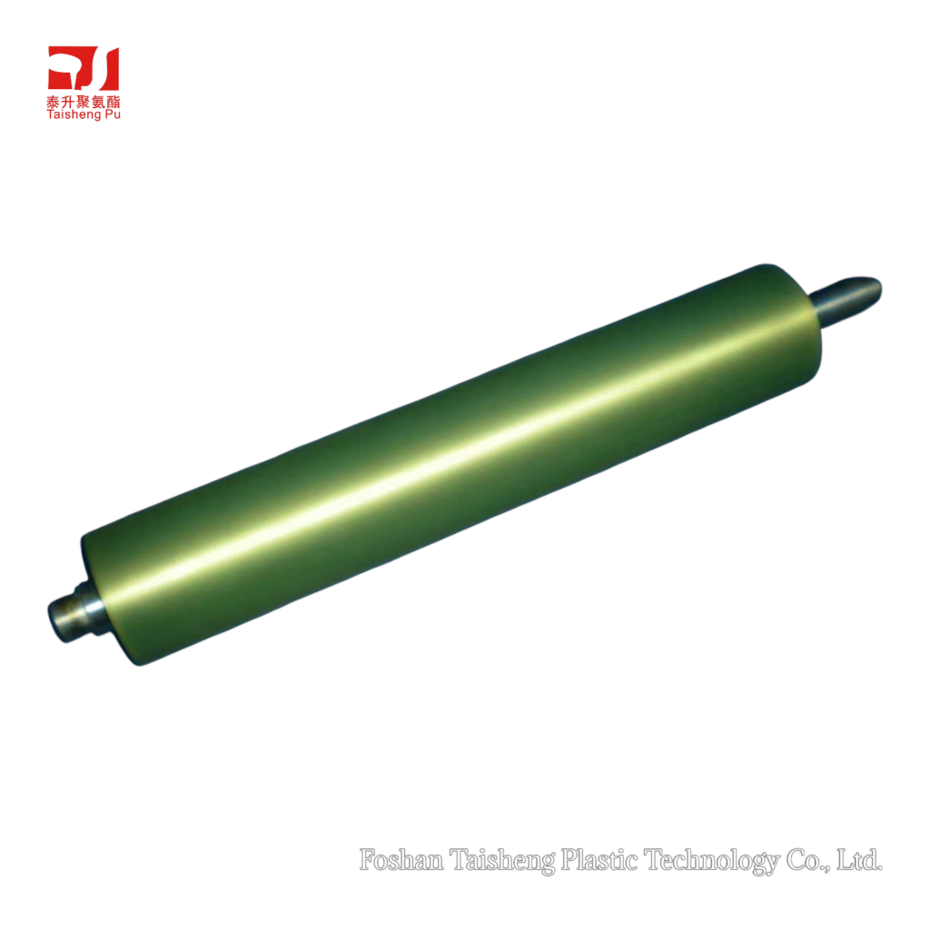 Smooth metallic green PU coating roller for precision lamination, outlasting traditional rubber coating rollers.