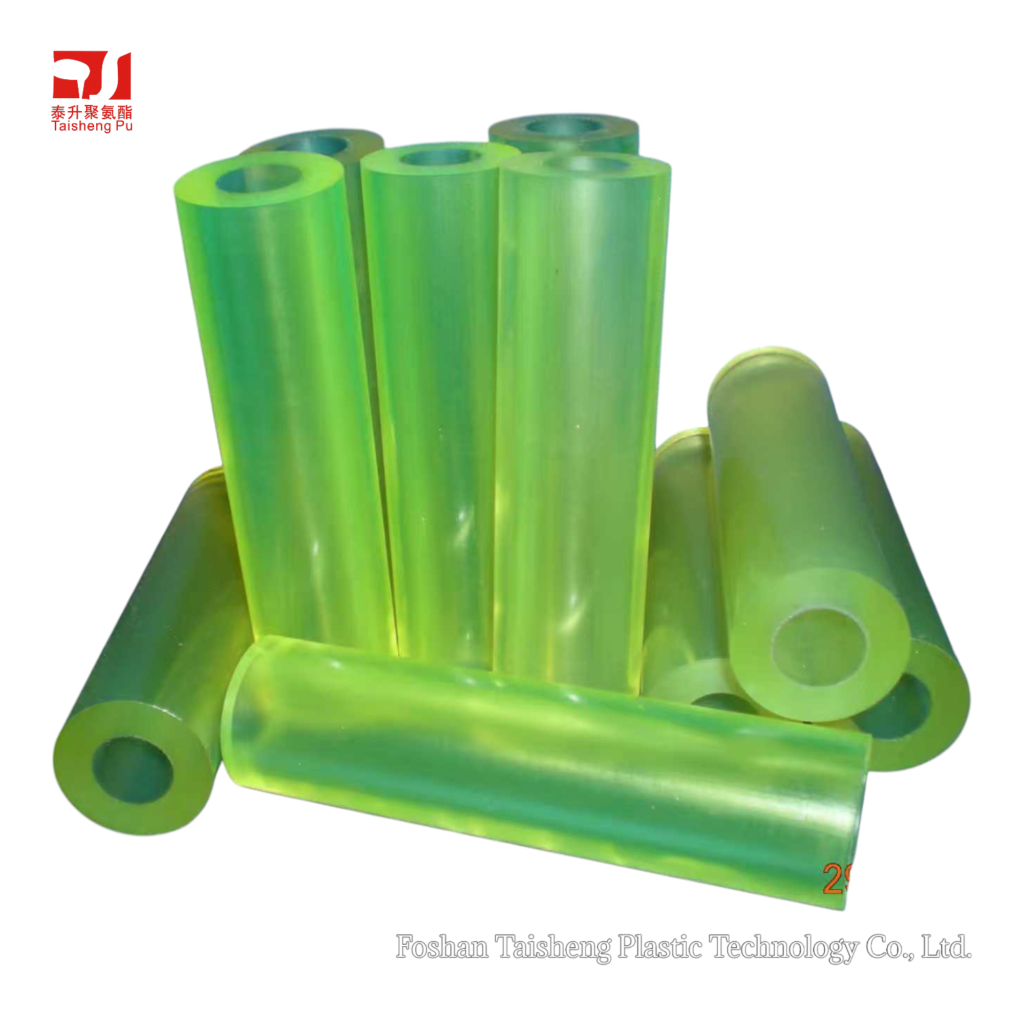 A stack of semi-transparent neon green hollow polyurethane rods for industrial machining.