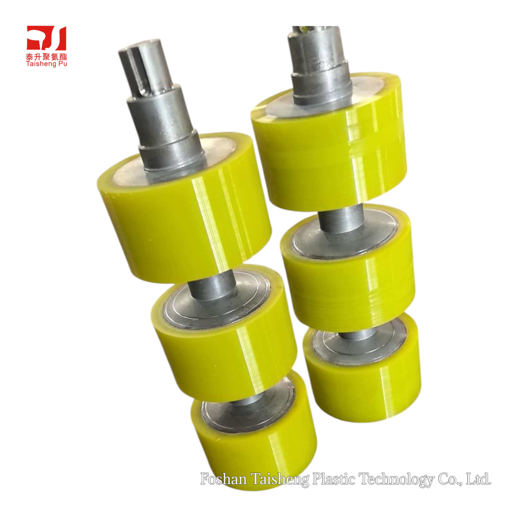 Custom yellow polyurethane idler roller with integrated metal shaft for machinery support and guiding.