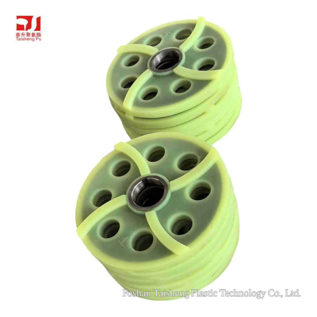 Top view of circular green PU disks featuring 8 holes and curved surface ribs.