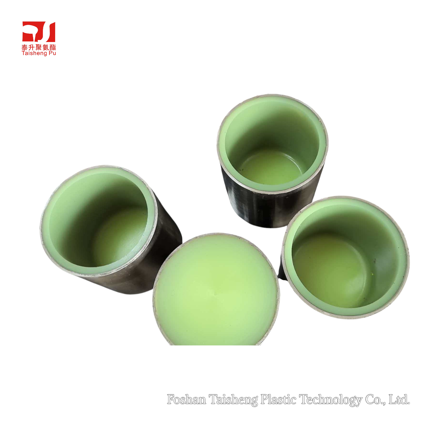 Metal pipes with bright green polyurethane interior lining.