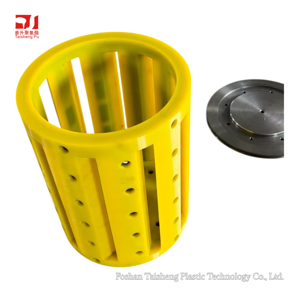 Yellow polyurethane slotted cylindrical component with a metal flange plate next to it.